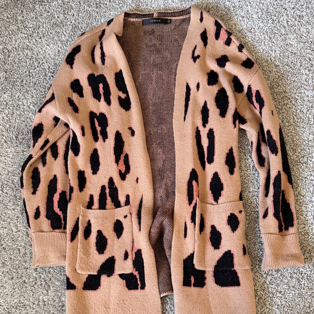 ZESICA - camel cheetah print cardigan